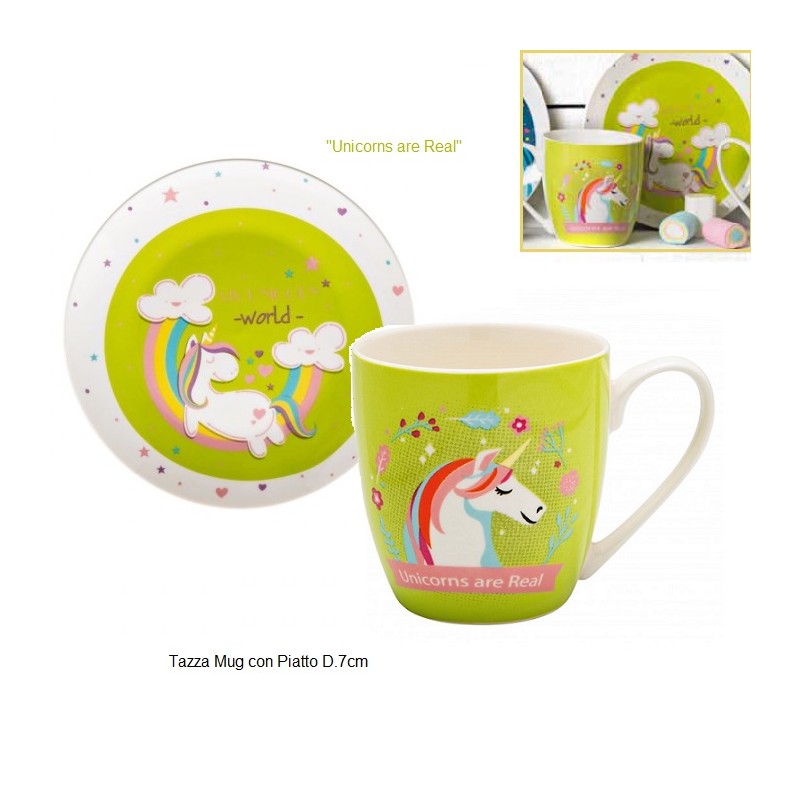 azza Mug in porcellana con piattino della Serie Unicorno Arcobaleno