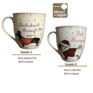 Mug Tazze in porcellana Decoro Cani Bassotto e Carlino NATALE