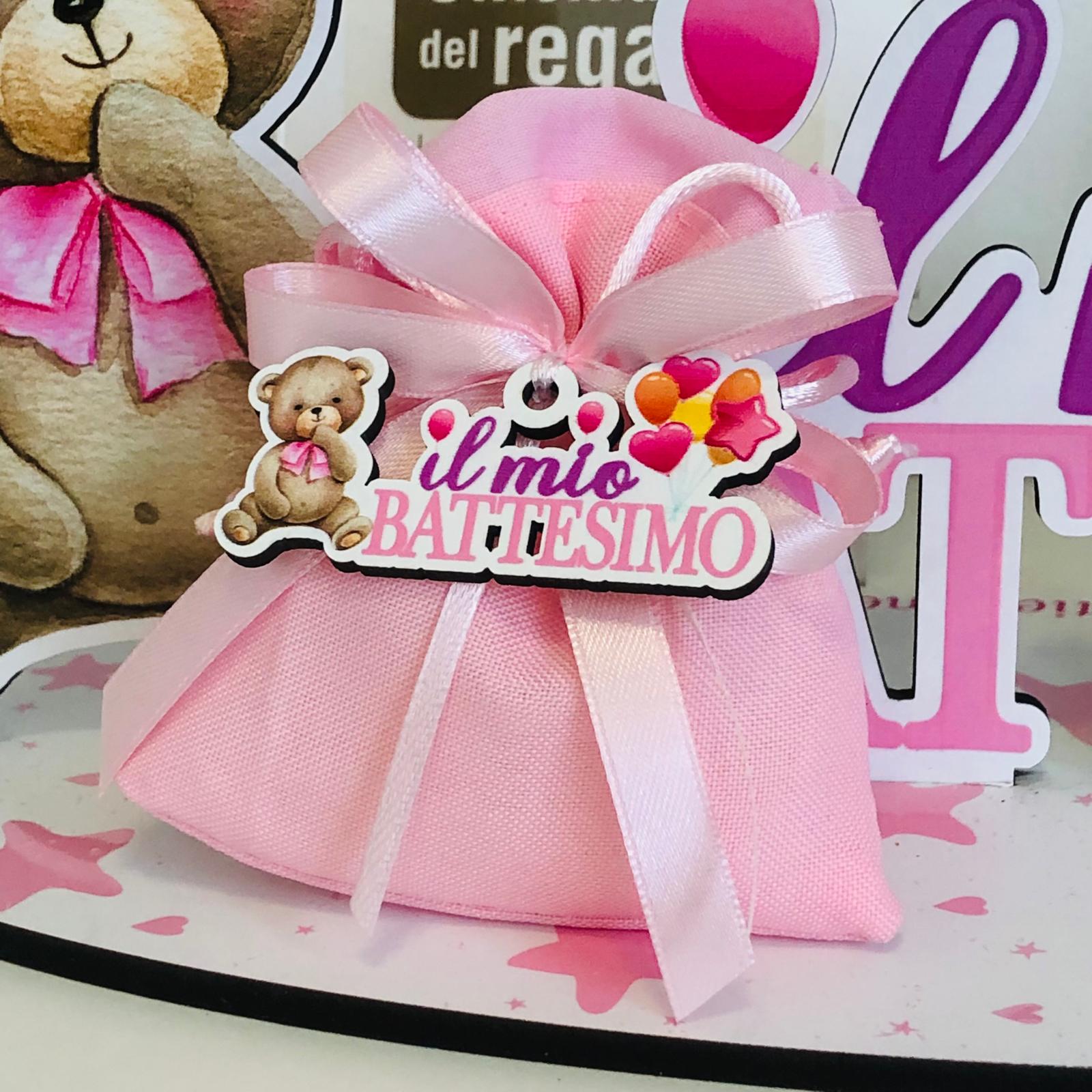 Sacchettino rosa con scritta il mio Battesimo con Orsetto